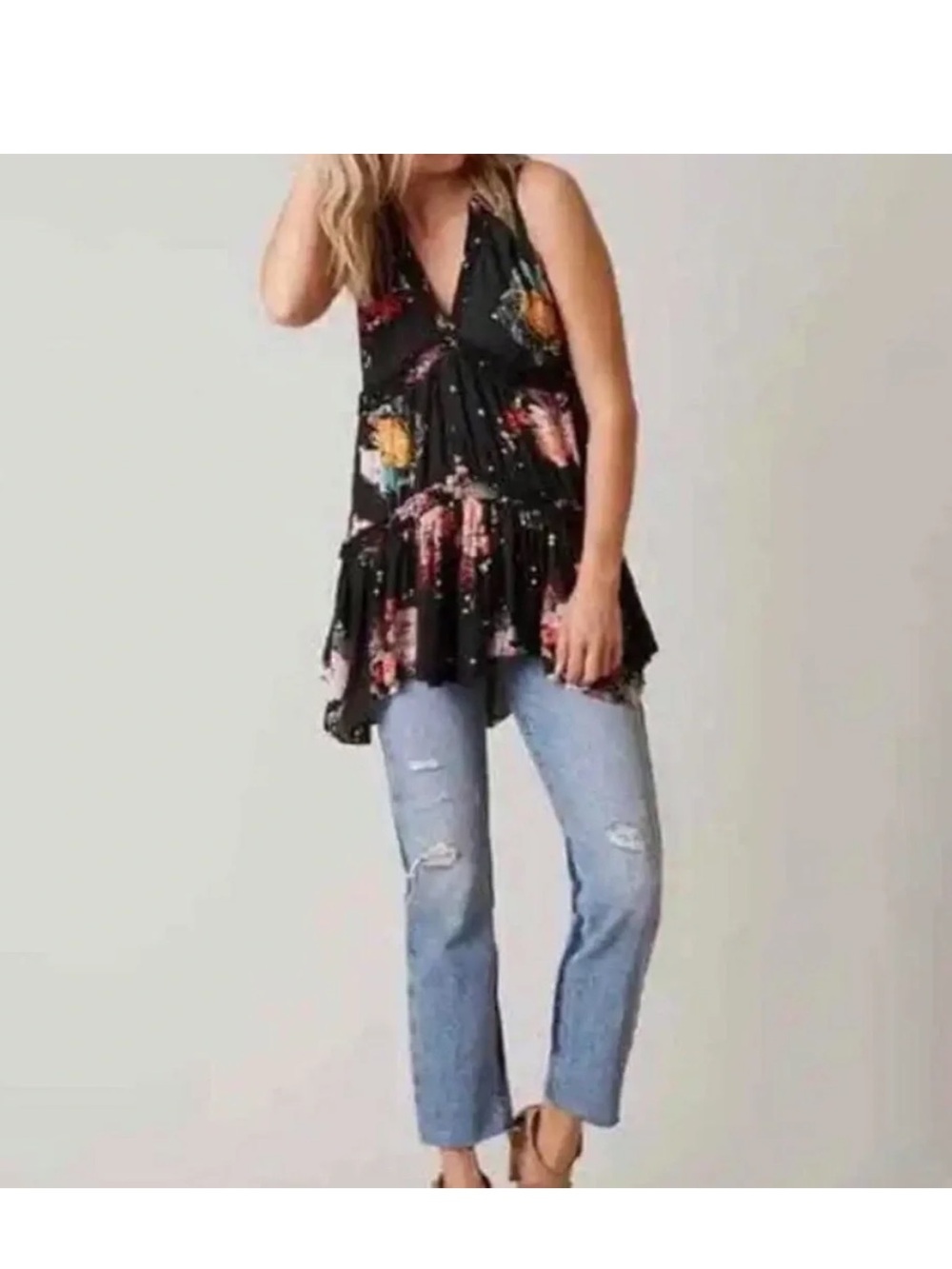 Free People L Black Floral V-Neck Peplum Tunic Top